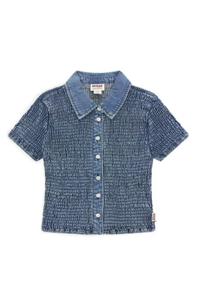 Guess Smocked Short Sleeve Denim Button-up Shirt In Go Smocked Medium Wash