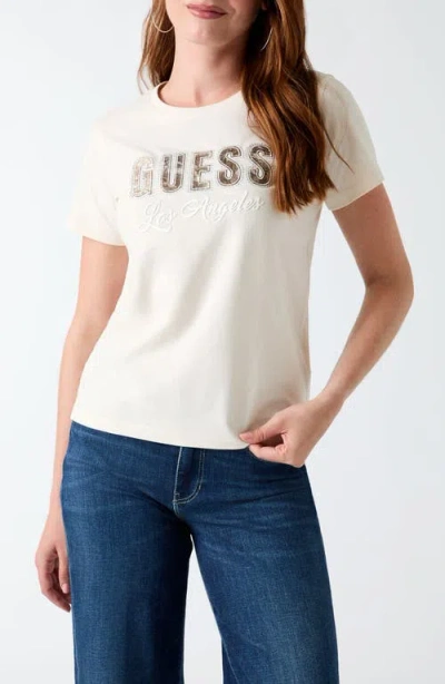 Guess Snake Script Rhinestone Graphic T-shirt In White