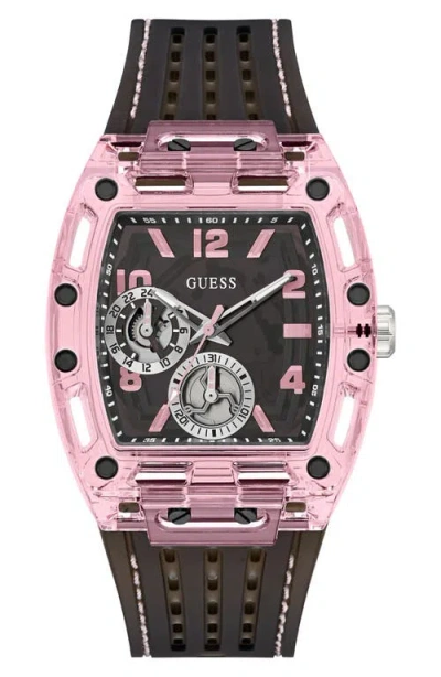 Guess Sporting Pink & Black Multifunction Silicone Strap Watch, 42mm X 43mm