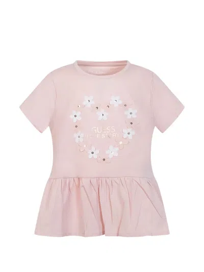 Guess Kids' Ss Floral Appliqué Ruffled T-shirt In Pink