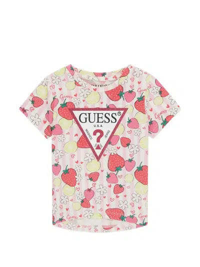 Guess Kids' Striped Graphic-print T-shirt In Pink
