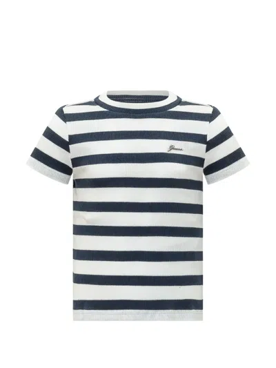 Guess Kids' Striped Ribbed-knit T-shirt In Blue
