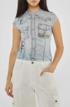 Guess Studded Denim Trompe L'oeil Mesh Graphic T-shirt In Go Printed Denim Embroidery