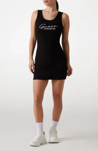Guess Sunflower Logo Embroidered Rib Tank Minidress In Jet Black A996