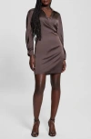 Guess Tanya Long Sleeve Satin Dress In Chocolate Brownie