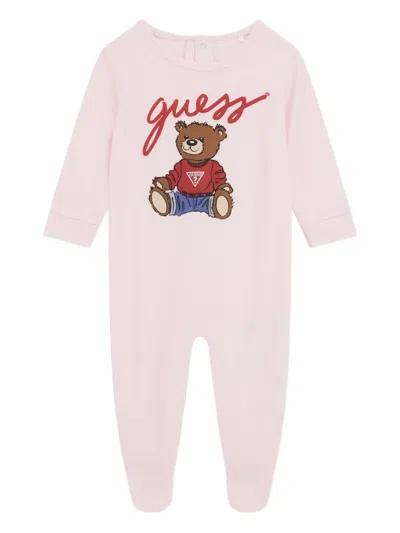 Guess Teddy-print Heart-detail Babygrow In Pink