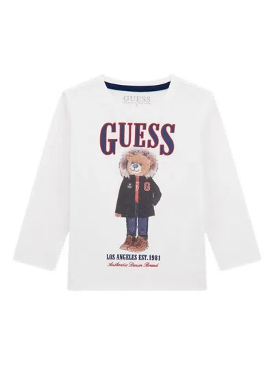 Guess Kids' Teddy-print Long-sleeve Top In White