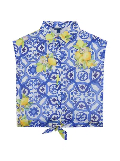 Guess Kids' Tie-front Lemon-print Shirt In Blue
