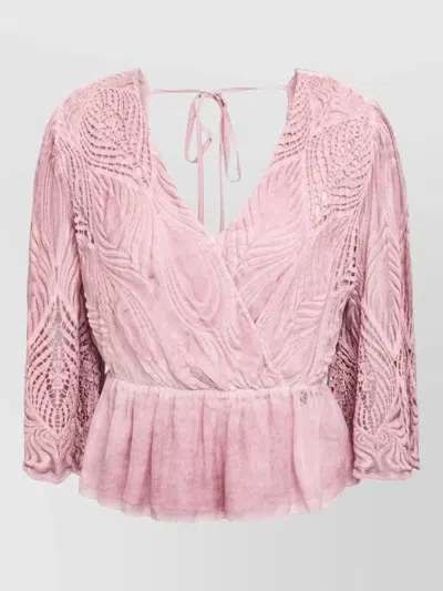 Guess Top Peplum Hem V Neckline Lace In Pink
