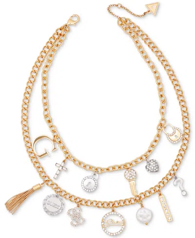 Guess Two-tone Mixed Stone Multi-charm Layered Necklace, 16" + 2" Extender In Gold