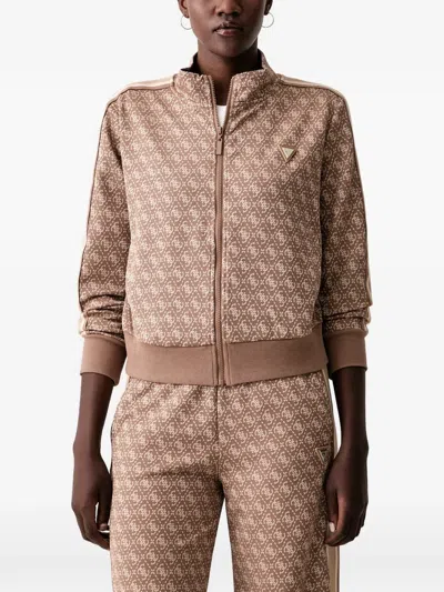 Guess Usa 4g Monogram-print Zip-up Sweatshirt In Brown