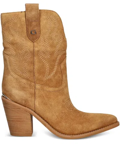 Guess Usa 80mm Embroidered Suede Boots In Brown