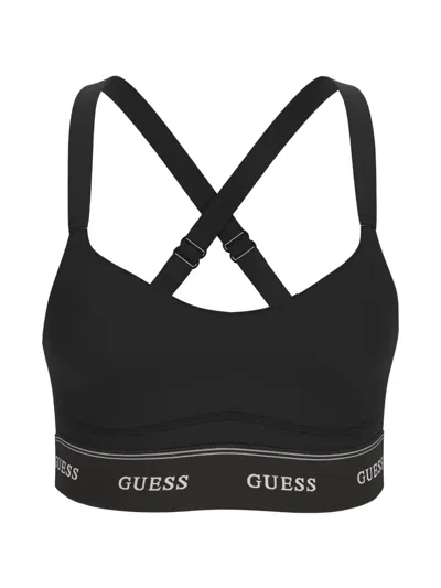 Guess Usa Alba Logo-tape Cross-back Bra In Black