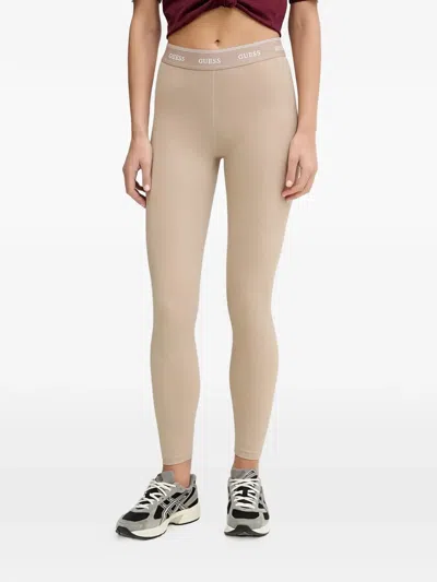 Guess Usa Alba Logo-waistband Leggings In Brown