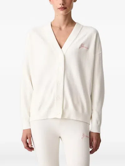 Guess Usa Aria Logo-embroidered V-neck Cardigan In White