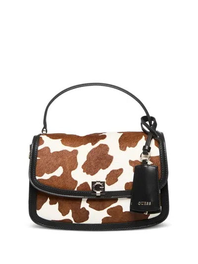 Guess Usa Audrey Cow-print Logo-plaque Tote Bag In Brown