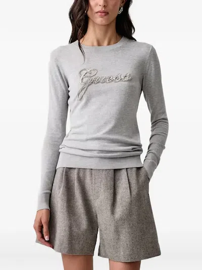 Guess Usa Beaded Logo-embroidered Sweater In Gray