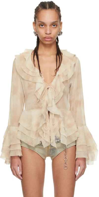 Guess Usa Beige Ruffle Blouse In F23t Slick Gold Mult