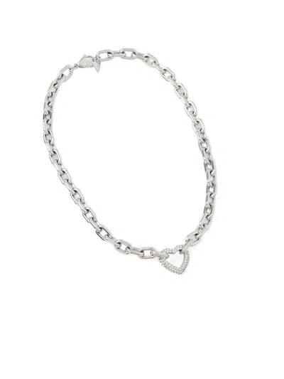 Guess Usa Beloved Crystal-embellished Heart-pendant Necklace In Silver