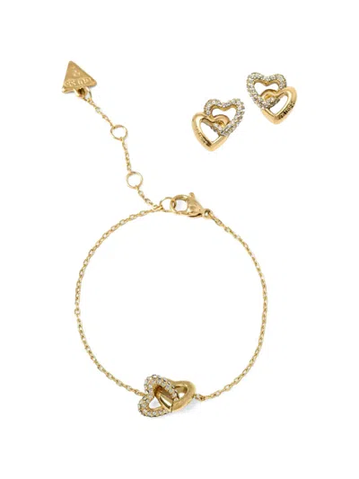 Guess Usa Beloved Crystal-embellished Interlocking-heart Earrings And Bracelet In Orange