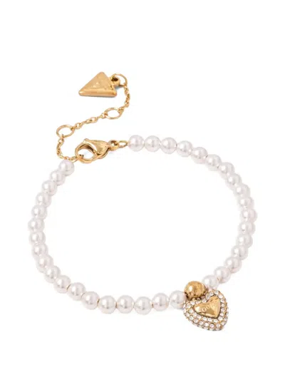 Guess Usa Beloved Heart Charm Beaded Bracelet In Gold