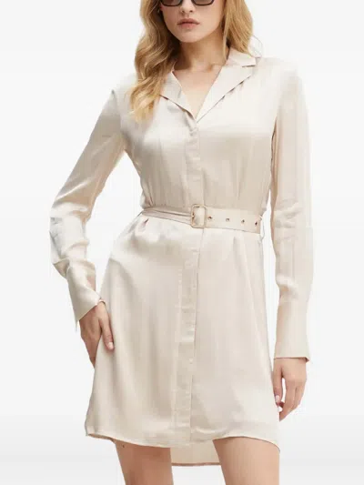 Guess Usa Belted-waist Collared Mini Shirt Dress In Neutral