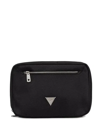 Guess Usa Berna Logo-plaque Zip-around Wash Bag In Black