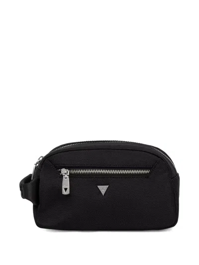 Guess Usa Berna Logo-plaque Zip-fastening Wash Bag In Black