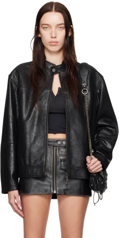 Guess Usa Black Crackled Leather Jacket In Jtmu Jet Black Multi