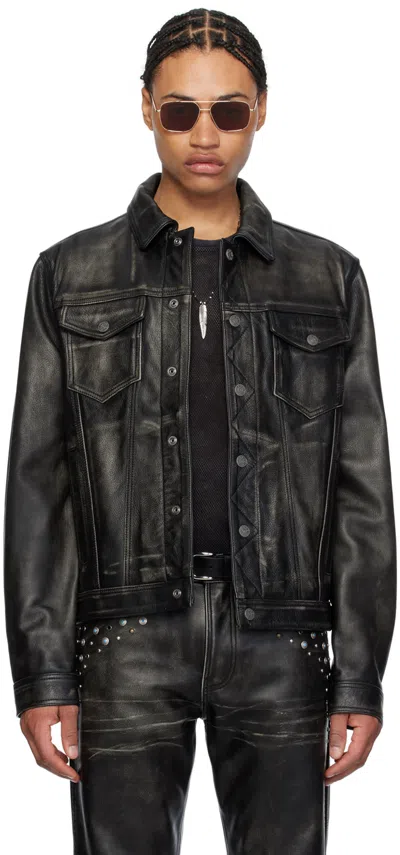 Guess Usa Black Distressed Leather Jacket In Jtmu Jet Black Multi