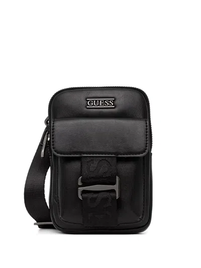 Guess Usa Boston Logo-plaque Flap-pocket Shoulder Bag In Black