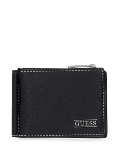 Guess Usa Boston Logo-plaque Pebbled-leather Wallet In Black