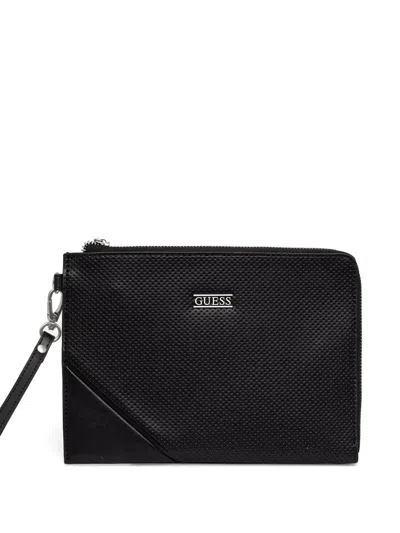 Guess Usa Boston Perforated-detail Logo-plaque Clucth Bag In Black
