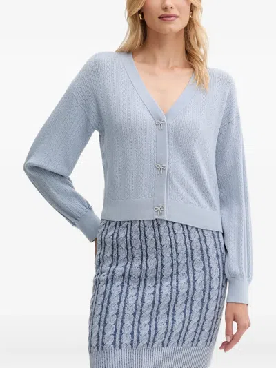 Guess Usa Bow-buttons Pointelle-knit Cardigan In Blue