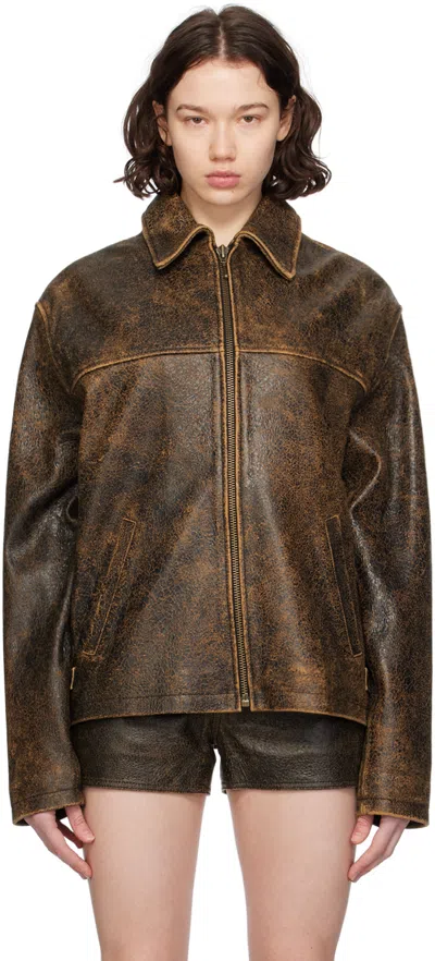 Guess Usa Brown Crackle Leather Jacket In A11a Amos Brown Mult