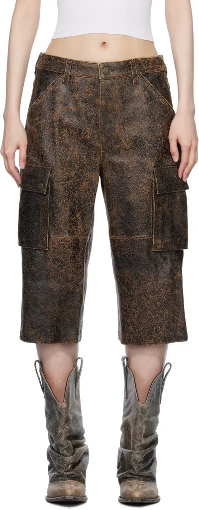 Guess Usa Brown Crackled Leather Cargo Shorts In A11a Amos Brown Mult