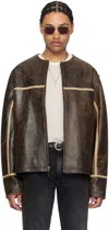 GUESS USA BROWN ROUND NECK LEATHER JACKET