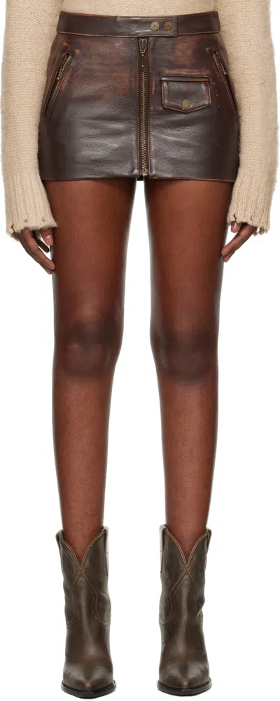 Guess Usa Brown Vintage Leather Miniskirt In F18p Chocolate Mouss
