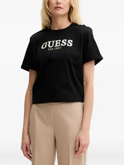 Guess Usa Button-detail Logo-print T-shirt In Black