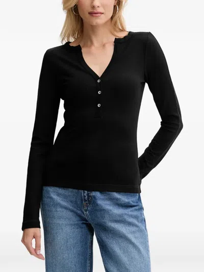 Guess Usa Buttoned V-neck T-shirt In Black