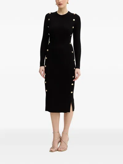 Guess Usa Button-embellished Ribbed Midi Dress In Black