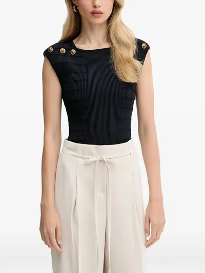 Guess Usa Button-embellished Ribbed Top In Blue