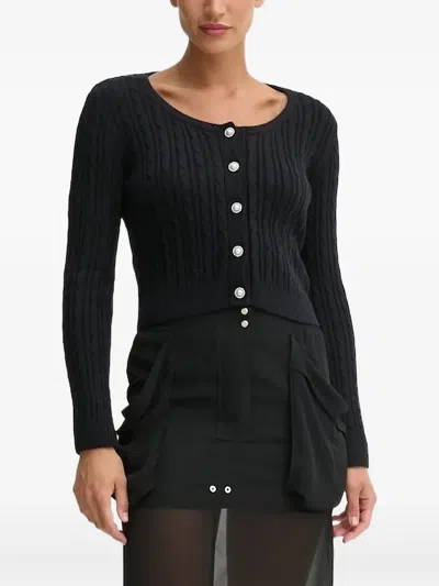 Guess Usa Cable-knit Pearl-button Cardigan In Black
