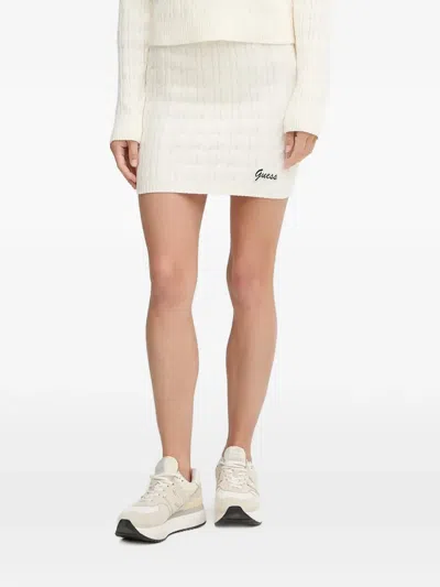 Guess Usa Cable-knit Logo-patch Mini Skirt In White