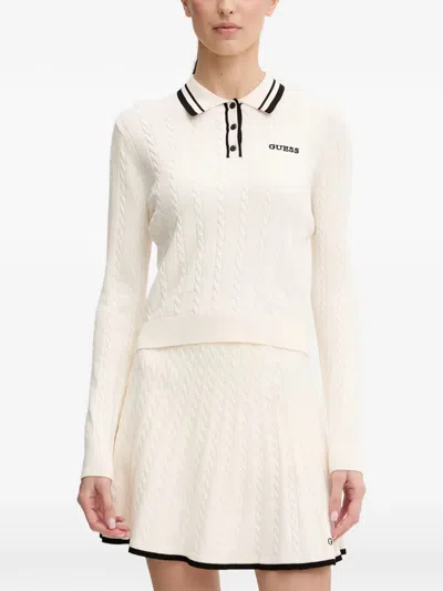 Guess Usa Cable-knit Polo-collar Sweater In White