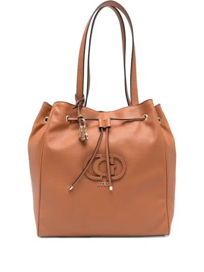 Guess Usa Calebra Logo-plaque Drawstring Bucket Bag In Brown