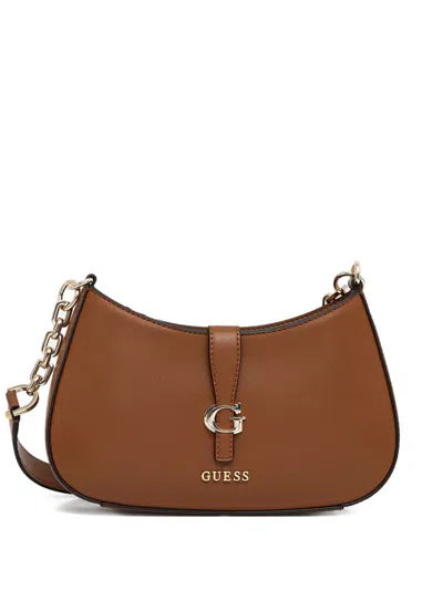 Guess Usa Carrie Logo Chain Shoulder Bag In Brown