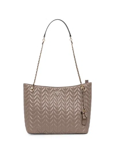 Guess Usa Cheryl Chevron-quilted Chain-link Tote Bag In Brown