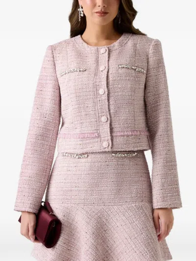 Guess Usa Clotilde Crystal-embellished Tweed Jacket In Pink