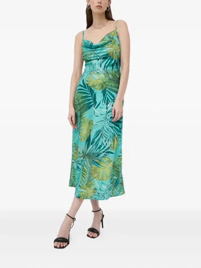 Guess Usa Cowl-neck Leaf-print Dress In Green